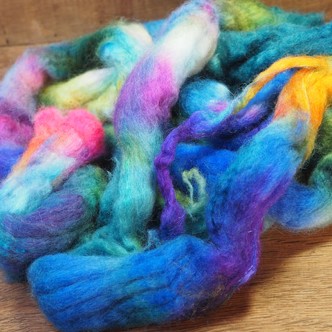 SECONDS DISCOUNTED Hand Dyed BFL Wool with Sparkly Nylon Blend Top for Spinning, - 'Blue Rainbow'
