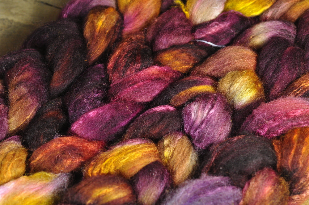 Hand Dyed Bluefaced Leicester Wool (BFL) and Silk Top for Spinning or Felting - 'Aubergine'