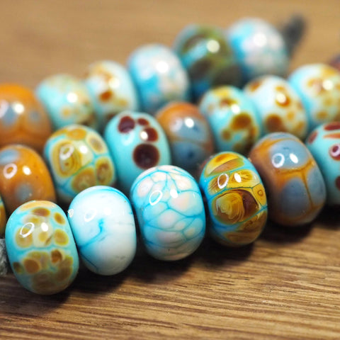 Handmade Lampwork Glass Beads - Aqua and Caramel Fritty Mix