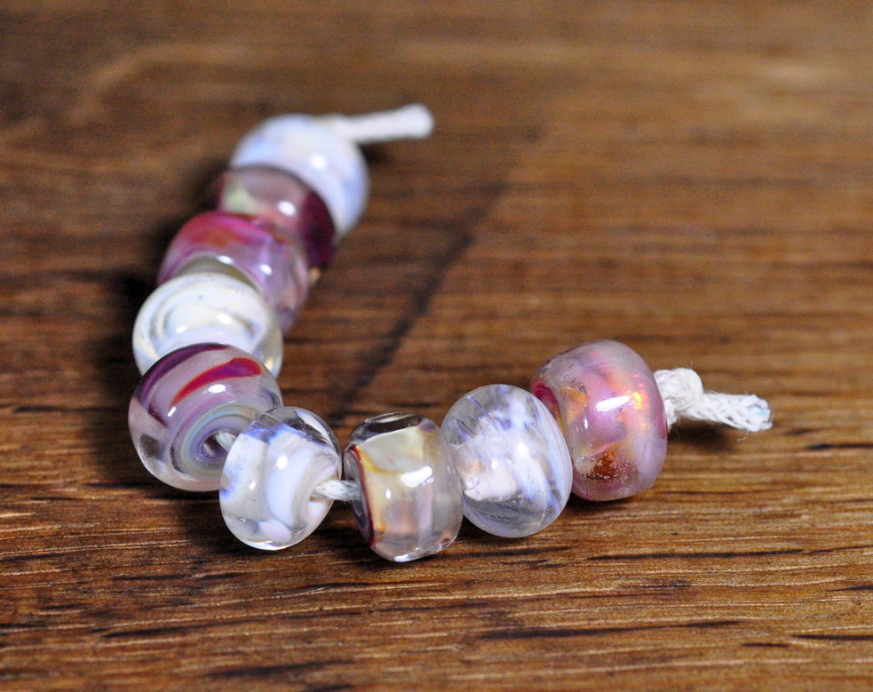 Handmade Lampwork Glass Bead Set - Pink and White Swirly  Nuggets