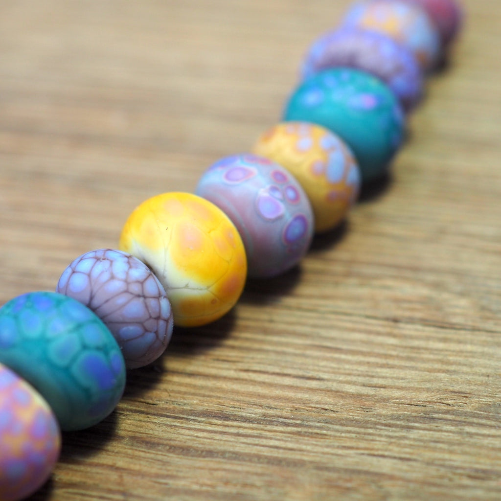Handmade Lampwork Glass Beads - Teal, Gold and Purple Fritty Mix