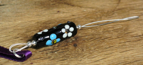 Spinner's Threading Hook (Orifice hook), Lampwork Glass: Black/Turquoise Flowers