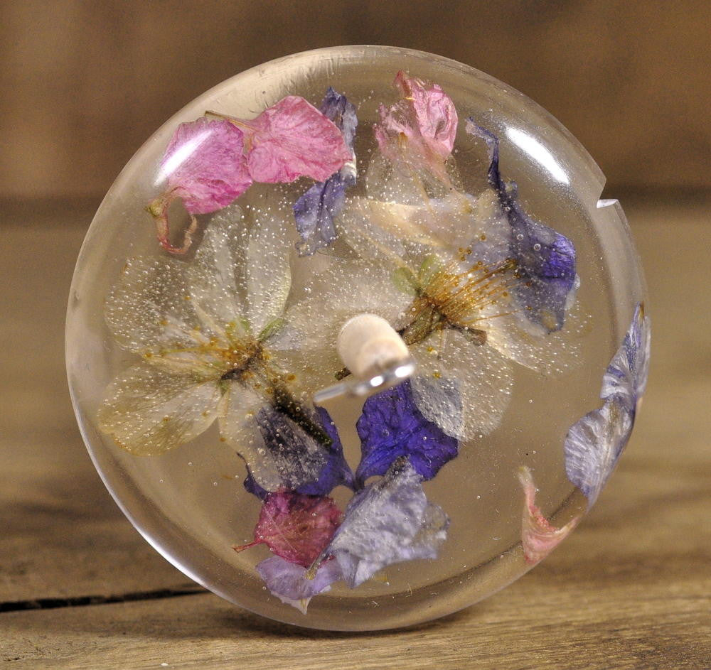Resin Drop Spindle - Cherry Blossom and Larkspur Petals