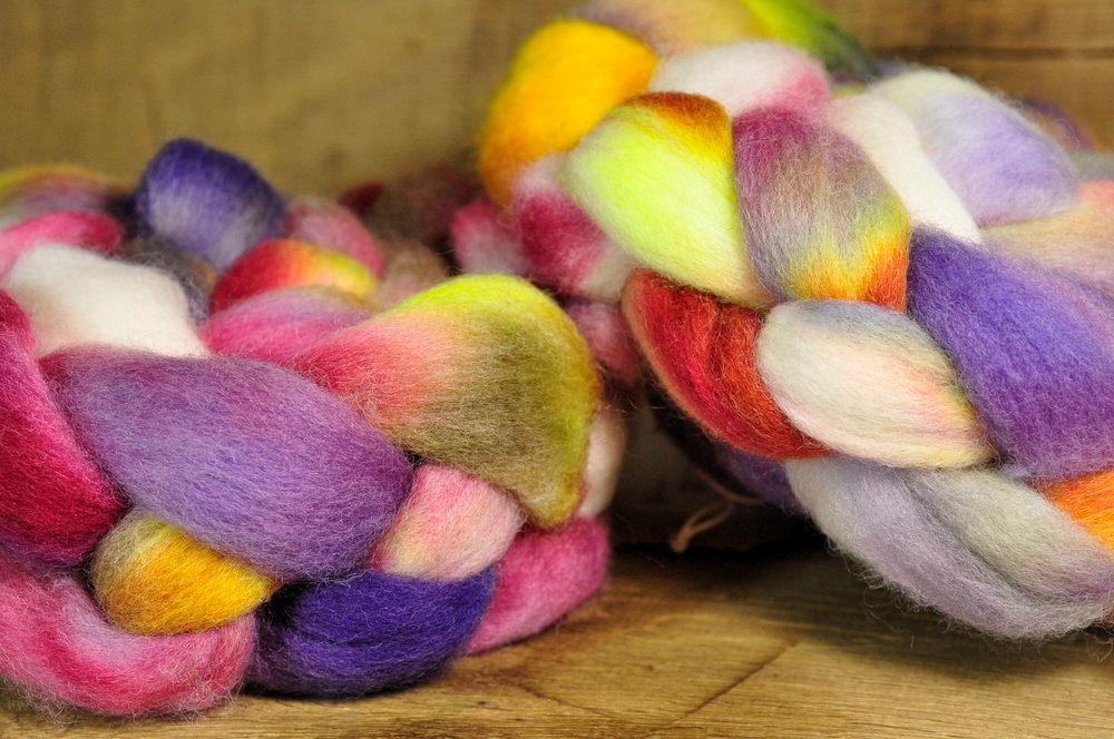200g Hand Dyed Corriedale Wool Top for Spinning of Felting - 'Faded Paeonies', Two Coordinating Braids
