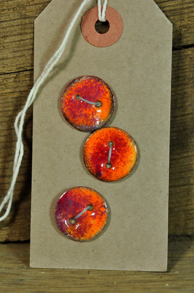 Handmade Enamelled Copper Buttons - Orange and Raspberry 19mm