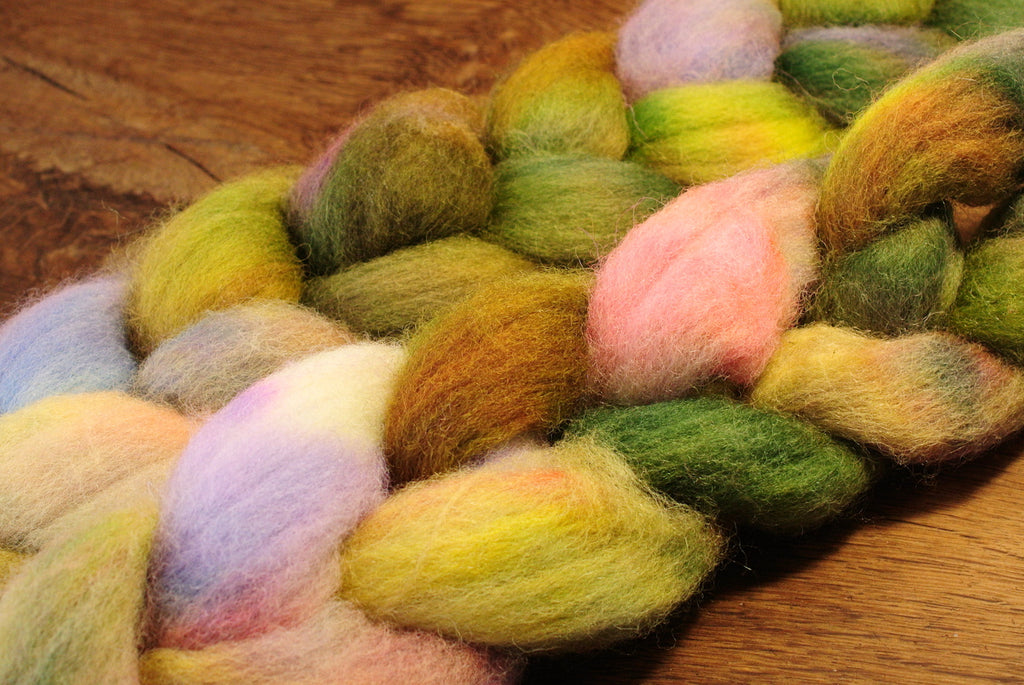 Hand Dyed English Wool Blend Top for Spinning or Felting, - 'Mossy Flowers'