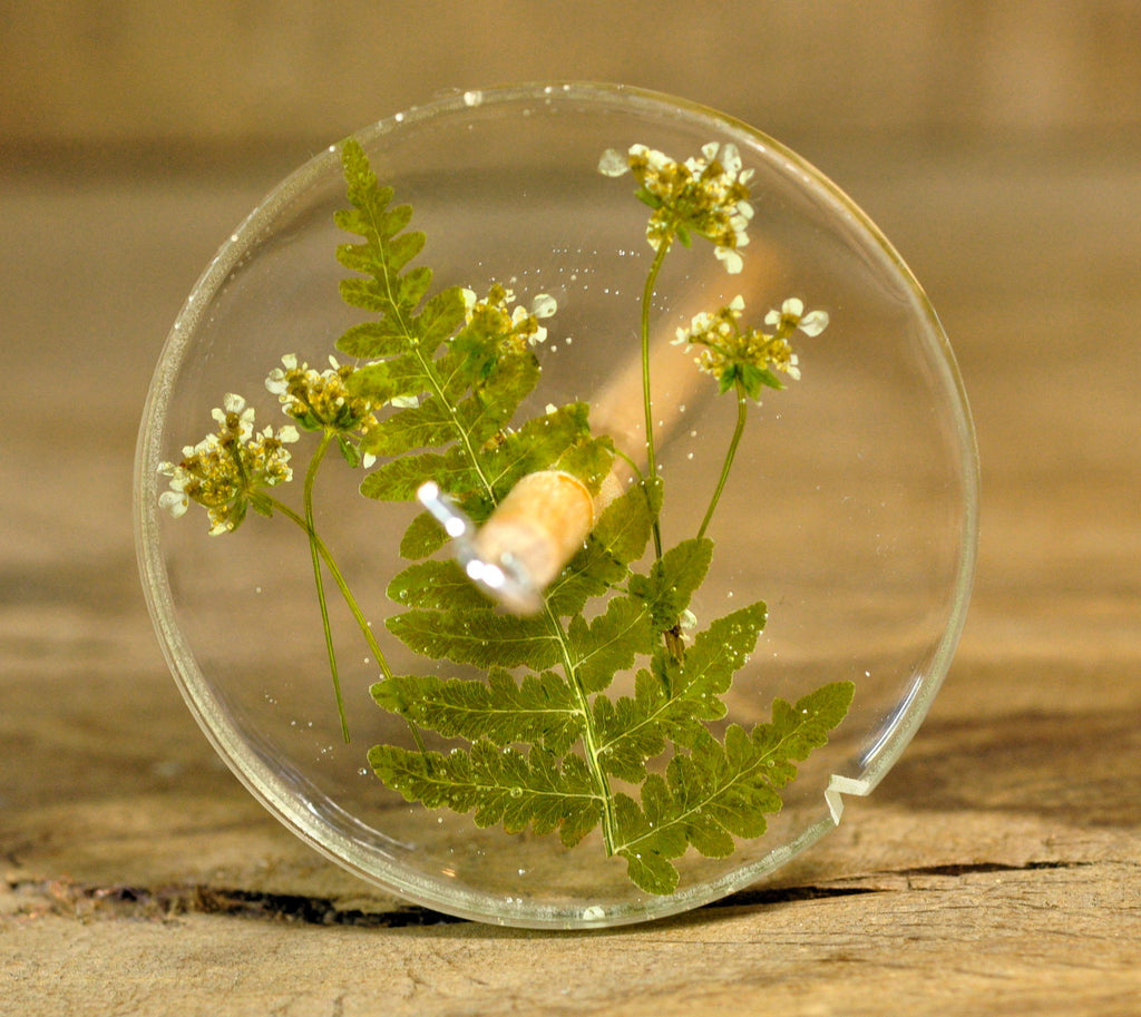 Top Whorl Resin Drop Spindle - Fern Frond and Cow Parsley