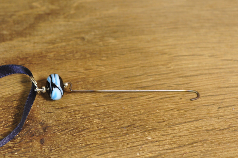 SALE! Spinner's Fetch Hook (Orifice hook), Lampwork Glass: Black / Blue Swirls