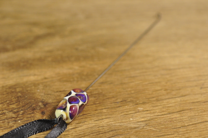 SALE! Spinner's Fetch Hook (Orifice hook), Lampwork Glass: Ivory / Purple Dots