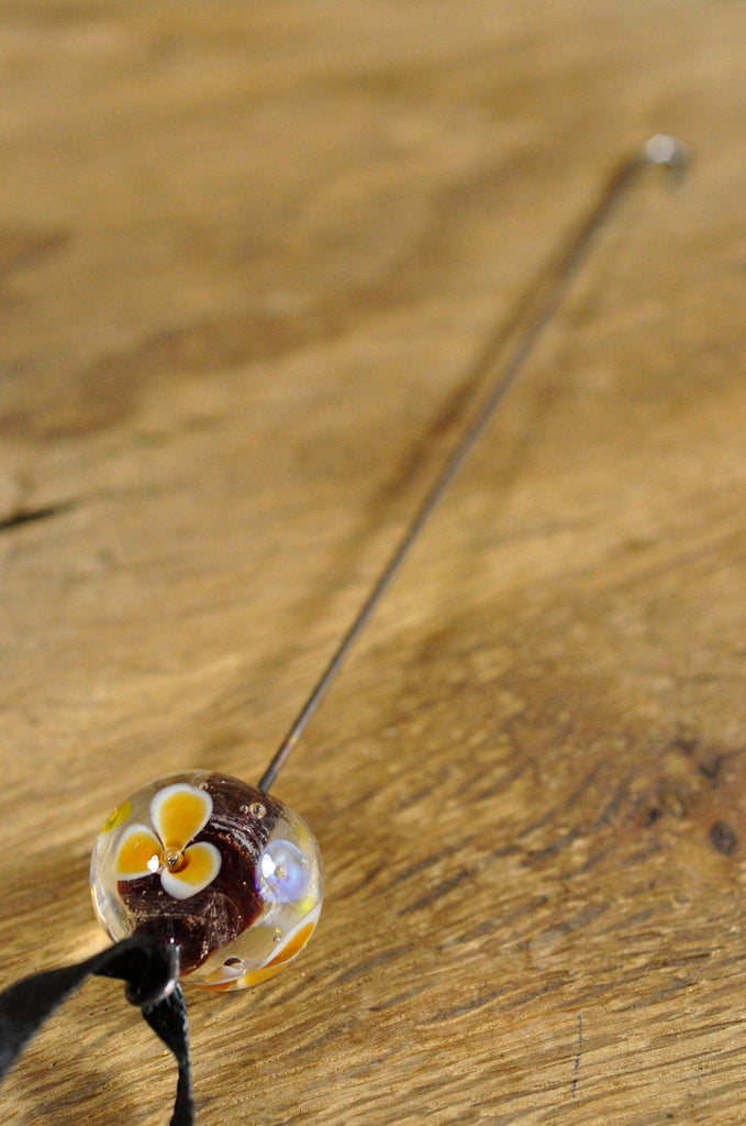 Spinner's Fetch Hook (Orifice hook) Deep Red, Amber Flowers and Sparkles