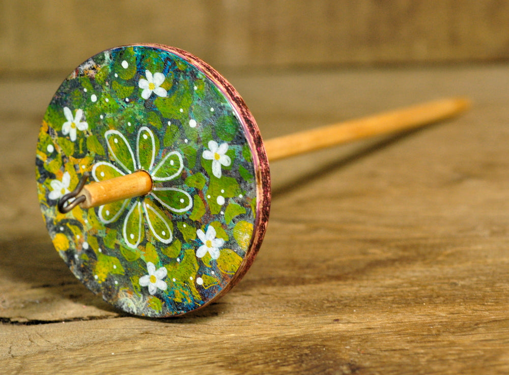 Painted Wooden Drop Spindle, Top Whorl, Green Flowers