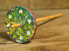 Painted Wooden Drop Spindle, Top Whorl, Green Flowers