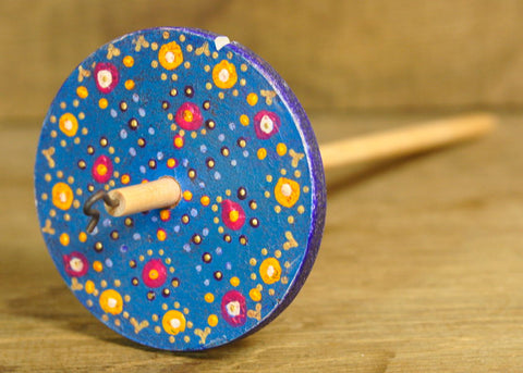 Painted Wooden Drop Spindle, Top Whorl, Blue Dots
