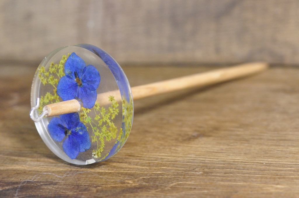 REDUCED: Botanical Top Whorl Resin Drop Spindle - Blue Hydrangea and Ladies' Mantle