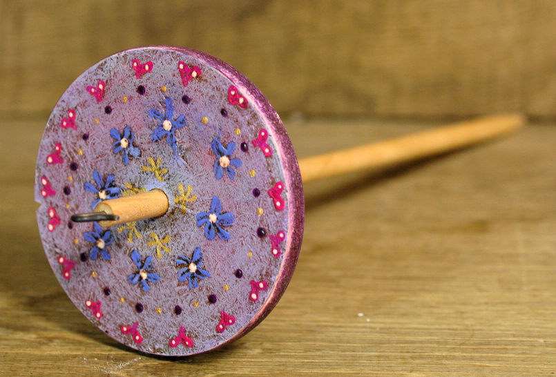 Painted Wooden Drop Spindle, Top Whorl, Purple Flowers