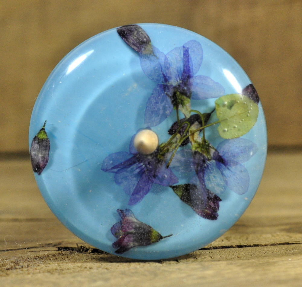 Low Whorl Resin Drop Spindle - Violets and Flowering Currant