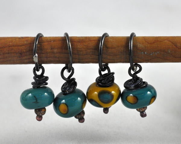 Lampwork Stitch Marker Set - Green and Gold