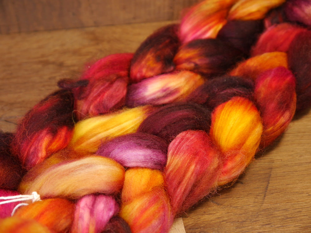 Hand Dyed Superwash English Wool with Nylon Blend Top for Spinning, - 'Firecracker'