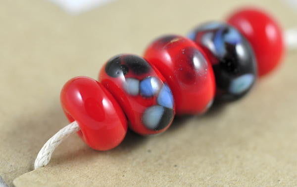 Handmade Lampwork Glass Beads - Red / Blue Speckled